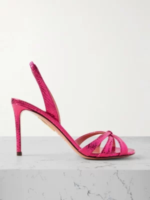 AQUAZZURA Tati 85 Metallic Snake-effect Leather Slingback Sandals