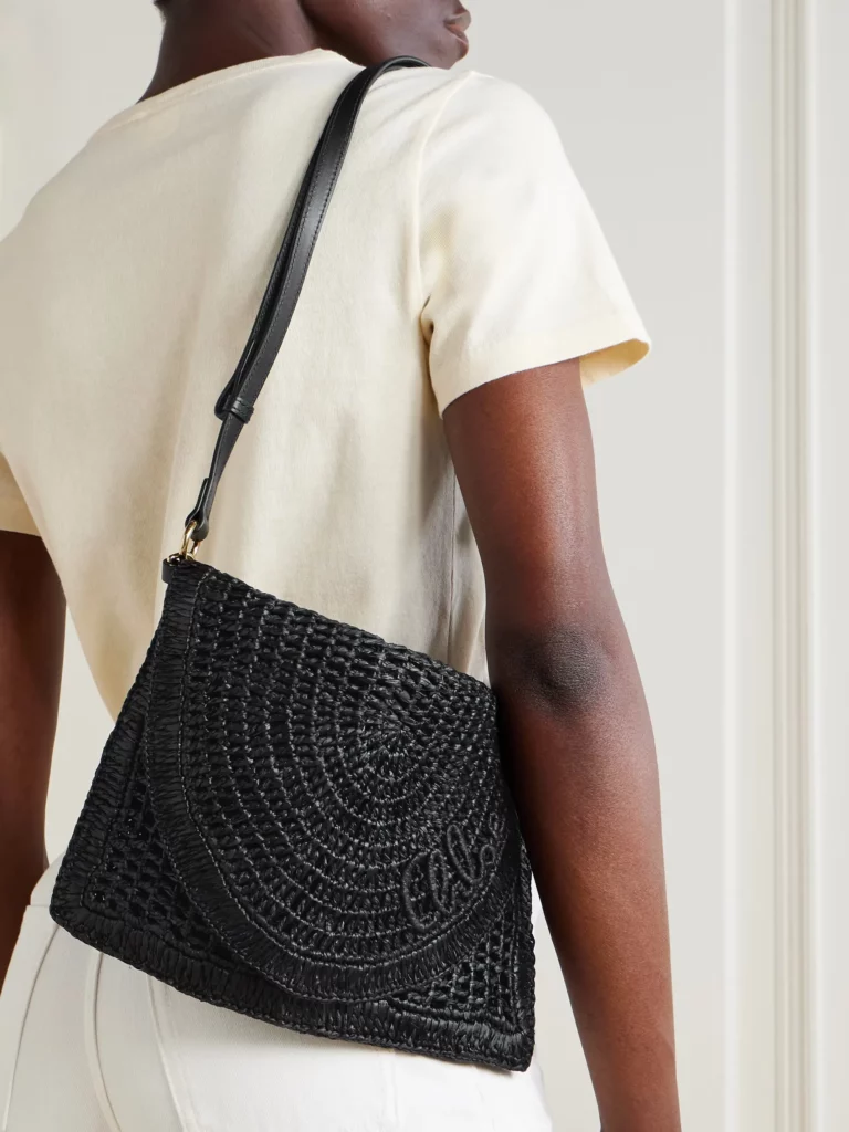 The Summer Banana Leather-trimmed Raffia Shoulder Bag Full Size Image 4