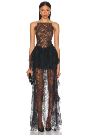 DAVID KOMA Open Slide Lace Ruffle Gown