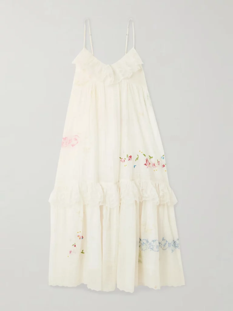Teek Tiered Ruffled Embroidered Cotton and Voile Midi Dress Full Size Image 2