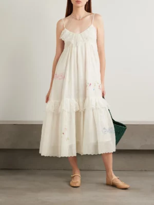 EKA Teek Tiered Ruffled Embroidered Cotton and Voile Midi Dress