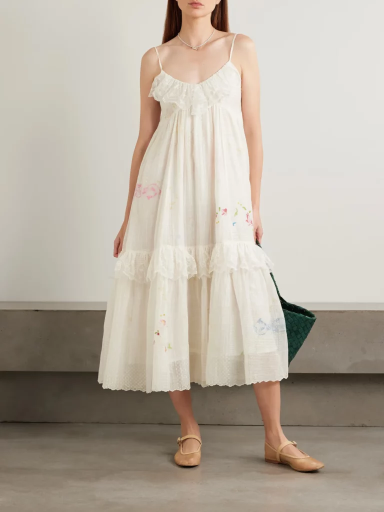 Teek Tiered Ruffled Embroidered Cotton and Voile Midi Dress Full Size Image 1
