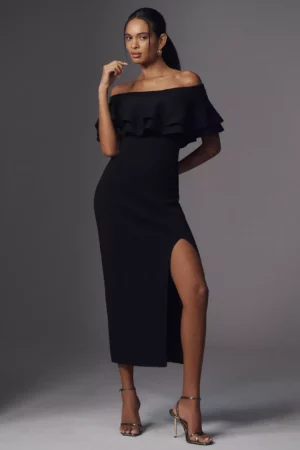 ENDLESS ROSE Off-the-shoulder Ruffle Crepe Midi Dress