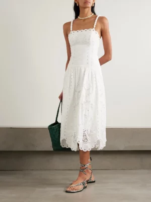 FARM RIO Richelieu Scalloped Gathered Broderie Anglaise Midi Dress