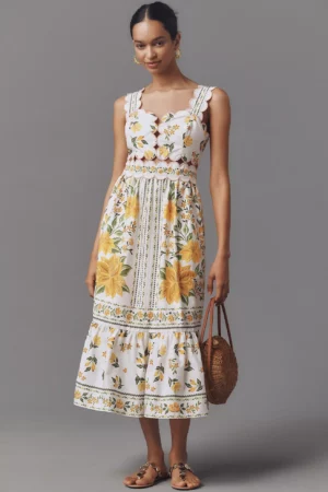 FARM RIO Sleeveless Scallop-trim Printed Midi Dress