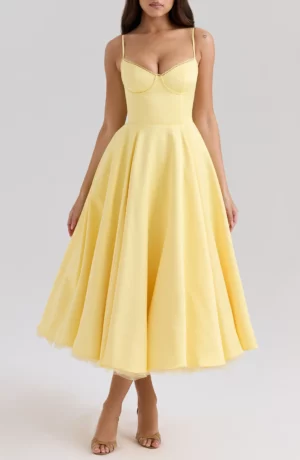 HOUSE OF CB Mademoiselle Bustier Stretch Satin Midi Cocktail Dress