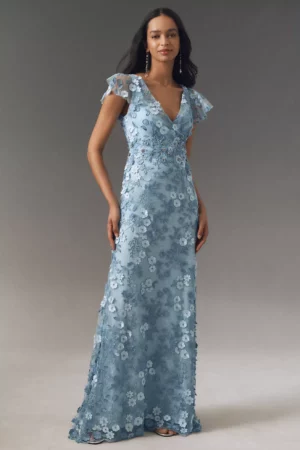 MAC DUGGAL Flutter-sleeve Formal Applique Maxi Dress