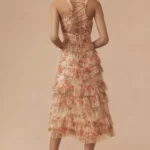 Sleeveless V-neck Floral Mesh Ruffle Midi Dress Thumbnail 4