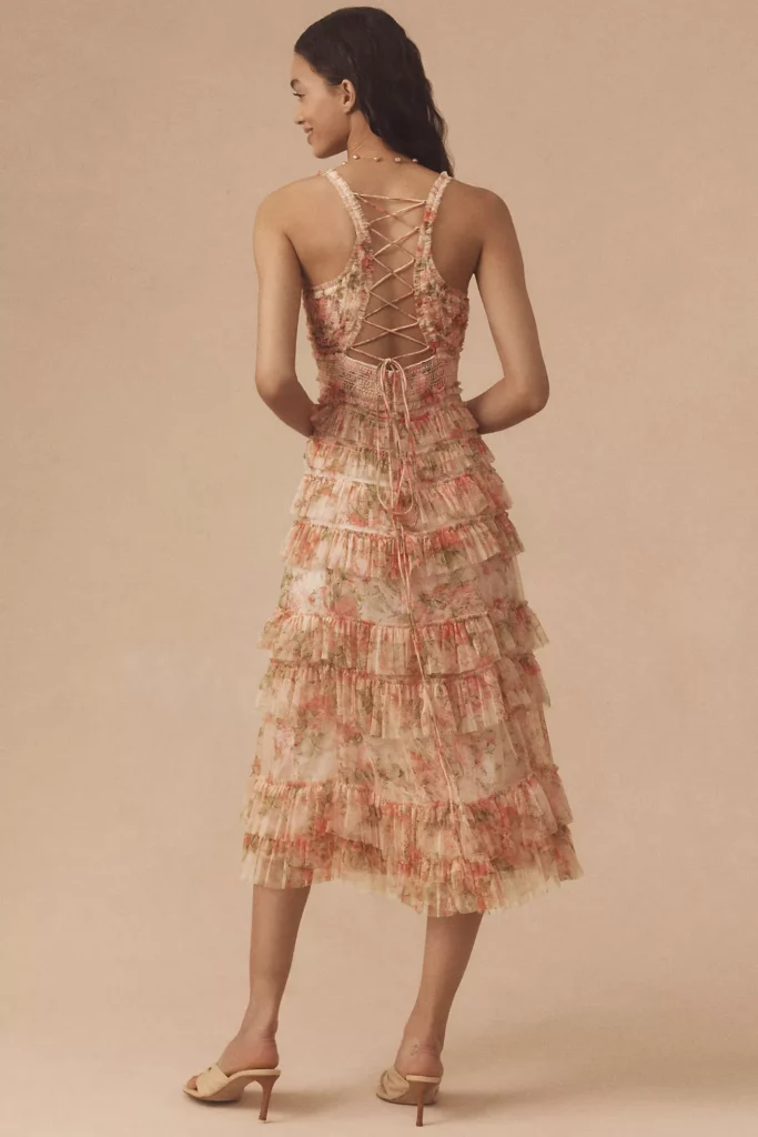 Sleeveless V-neck Floral Mesh Ruffle Midi Dress Full Size Image 4
