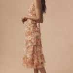 Sleeveless V-neck Floral Mesh Ruffle Midi Dress Thumbnail 2