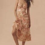 Sleeveless V-neck Floral Mesh Ruffle Midi Dress Thumbnail 1