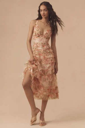 Sleeveless V-neck Floral Mesh Ruffle Midi Dress