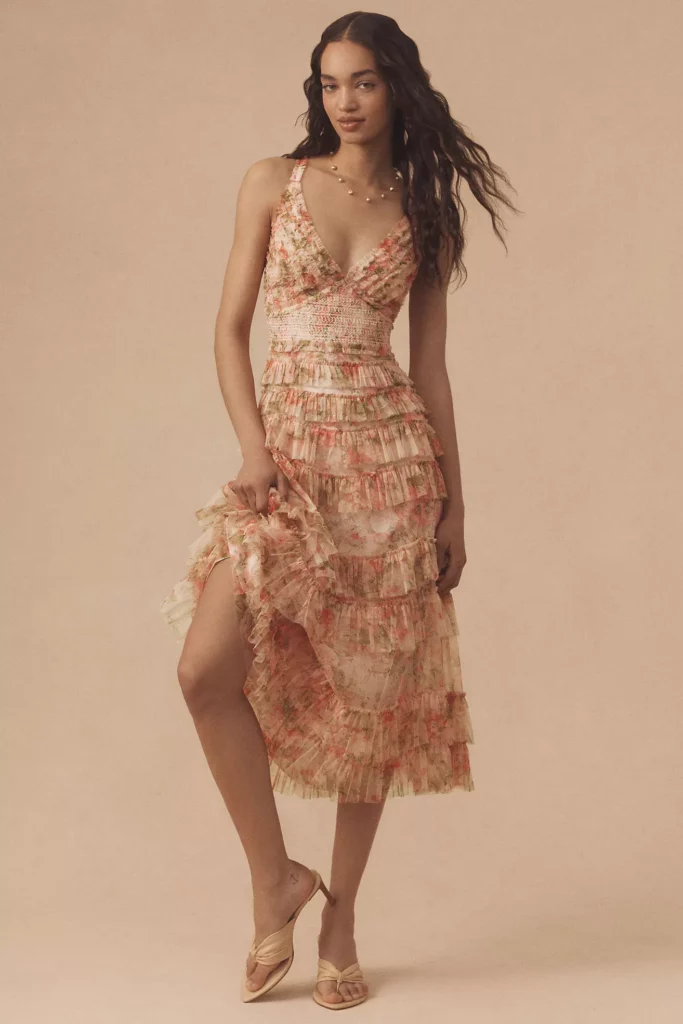 Sleeveless V-neck Floral Mesh Ruffle Midi Dress Full Size Image 1