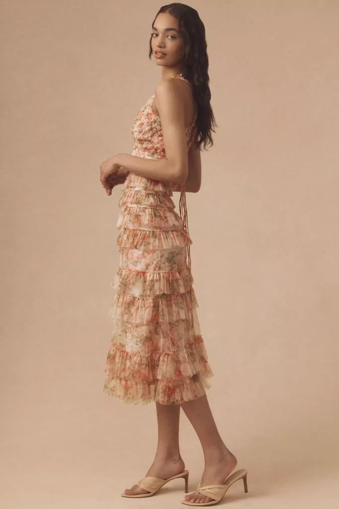 Sleeveless V-neck Floral Mesh Ruffle Midi Dress Full Size Image 2