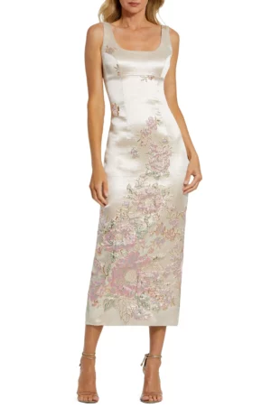 MAC DUGGAL Sleeveless Scoop Neck Floral Detail Brocade Midi Dress