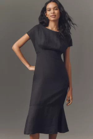 MAEVE Short-sleeve Linen Wrap-back Slim Midi Dress