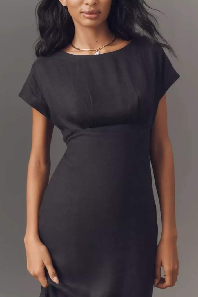 Short-sleeve Linen Wrap-back Slim Midi Dress Full Size Image 2
