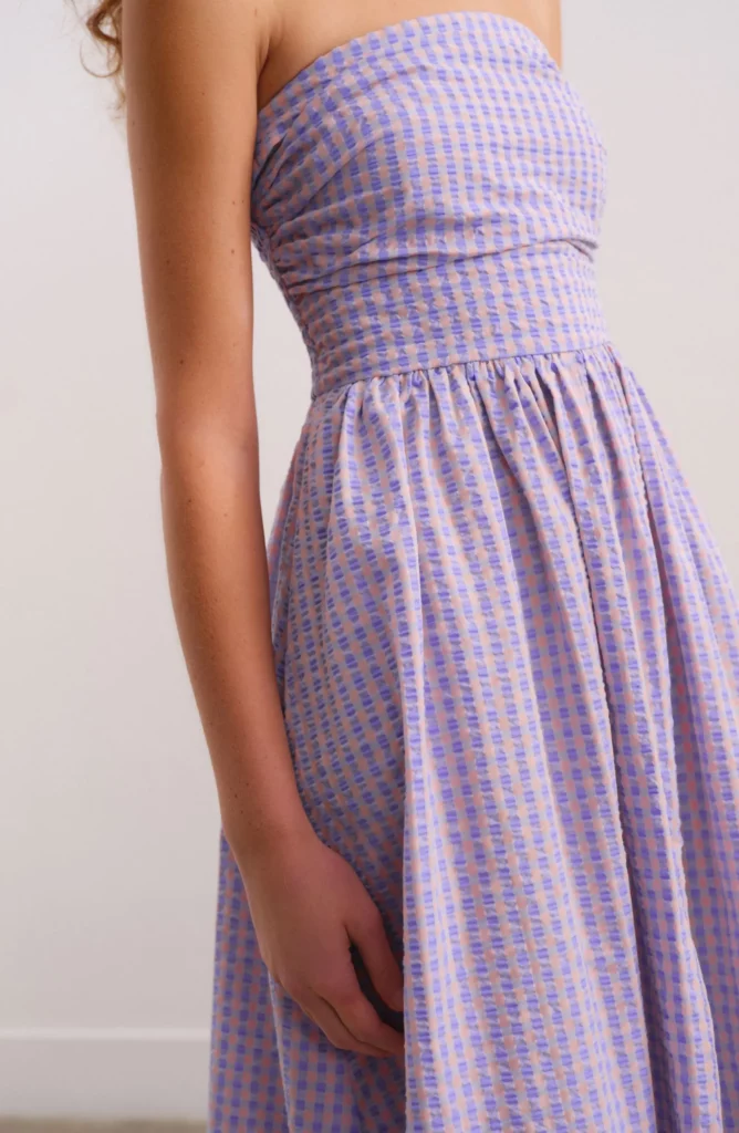 Strapless Gingham Seersucker Midi Dress Full Size Image 3