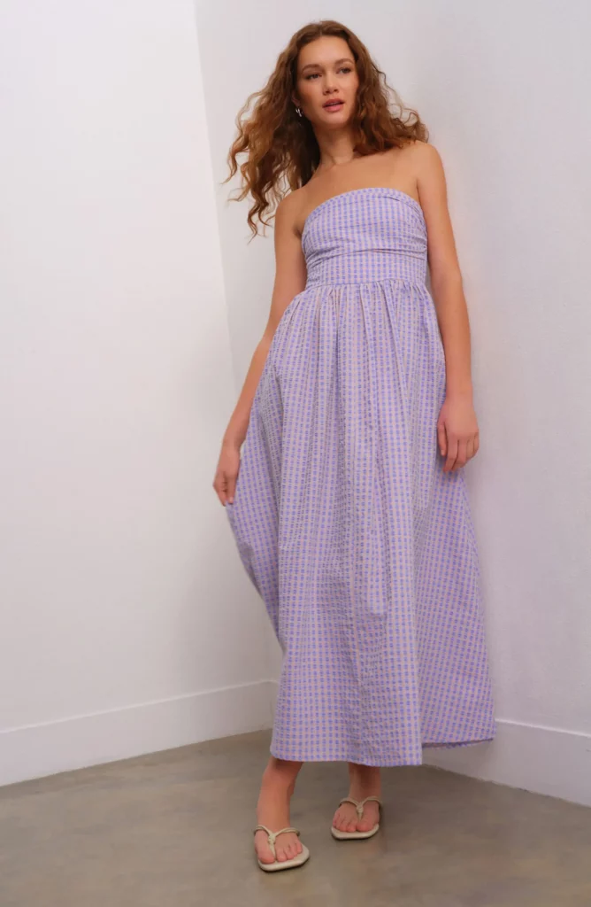 Strapless Gingham Seersucker Midi Dress Full Size Image 2