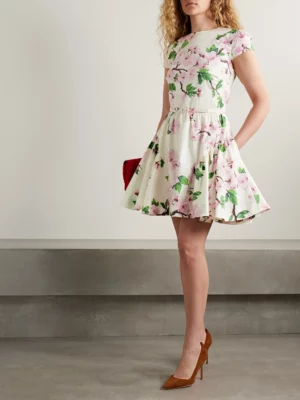 OSCAR DE LA RENTA Belted Tiered Floral-print Cotton-blend Poplin Mini Dress