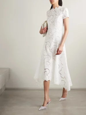 OSCAR DE LA RENTA Scroll Asymmetric Guipure Lace Midi Dress
