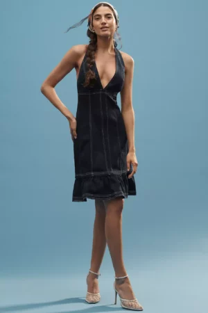 PILCRO Halter Deep-v Seamed Open-back Mini Dress