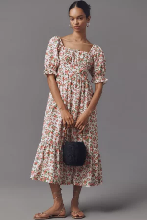 PINK CITY PRINTS Simone Puff-sleeve Square-neck Midi Dress