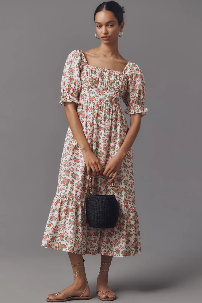Simone Puff-sleeve Square-neck Midi Dress Full Size Image 1
