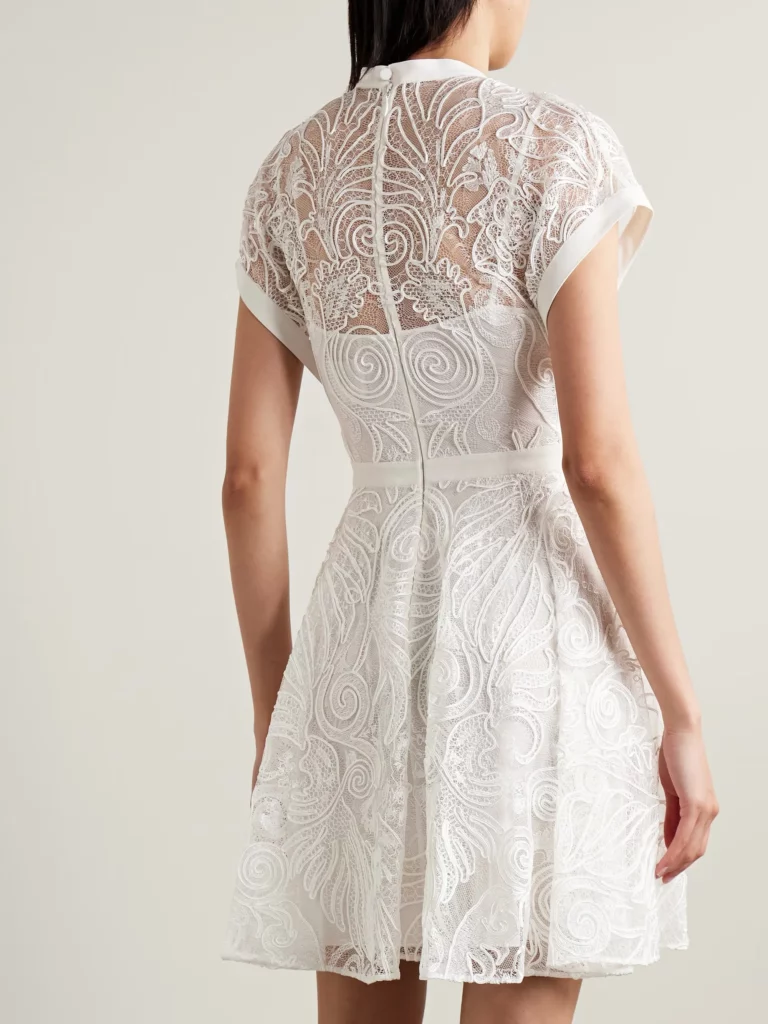 Tie-detailed Crepe-trimmed Corded Lace Mini Dress Full Size Image 3