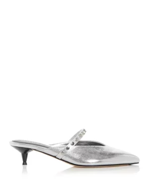 A silver pointed-toe mule inspired by Alexander McQueen Women's Leather Slide Sandals, featuring a low black kitten heel and a thin studded strap across the top, shown in profile on a white background.