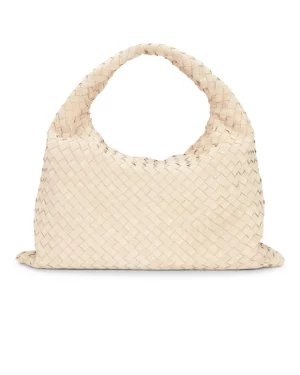A cream-colored Bottega Veneta Large Hop Bag with a woven texture and thick, rounded handle, displayed upright against a white background.