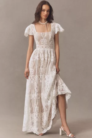 DRESS THE POPULATION Janis Flutter-Sleeve Lace Maxi Dress