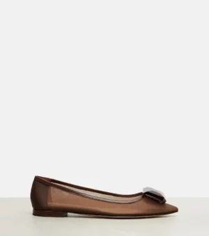 A brown sheer ballet flat with a pointed toe, low heel, and a geometric accent on the toe evokes the refined elegance of Gianvito Rossi 55 Leather Slingback Pumps, displayed against a plain white background.