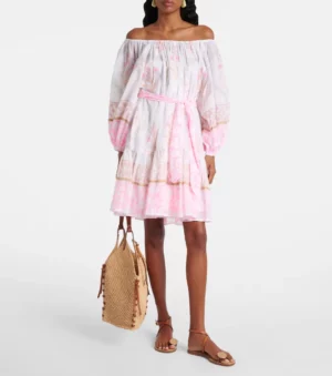 JULIET DUNN Printed Off-shoulder Cotton Minidress