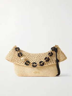LOEWE Paula’s Ibiza Ola Embellished Leather-trimmed Raffia Shoulder Bag