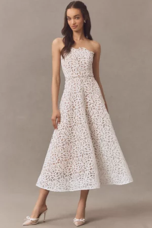 MILLY Petunia Strapless Lace A-Line Midi Dress