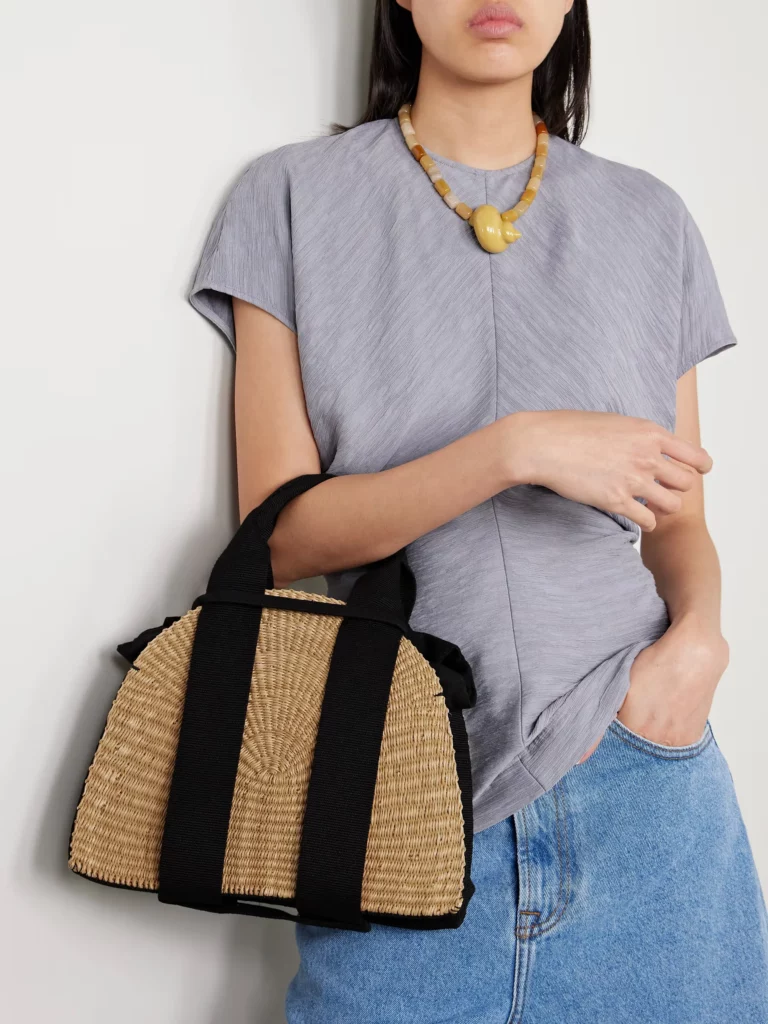 Mina mini Canvas-trimmed Woven Straw Tote Full Size Image 4