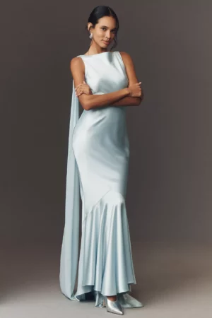 RETROFÊTE Julia Boat-Neck Open-Back Satin Maxi Dress