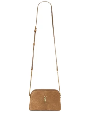 A tan suede Saint Laurent Small Pouch On Chain crossbody bag with a quilted pattern, gold YSL logo on the front, gold chain and leather adjustable strap, and a zippered closure.