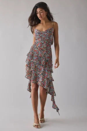 AFRM Ashmont Tiered Cascading Ruffle Slip Midi Dress