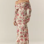 Long-Sleeve Off-The-Shoulder Mesh Maxi Dress Thumbnail 1