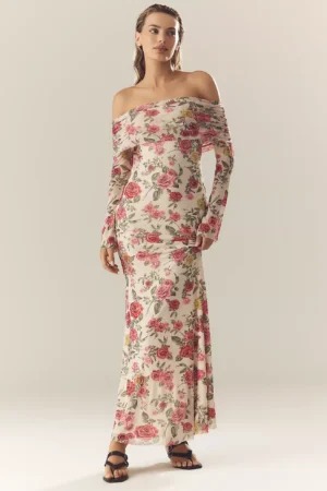 AFRM Long-Sleeve Off-The-Shoulder Mesh Maxi Dress