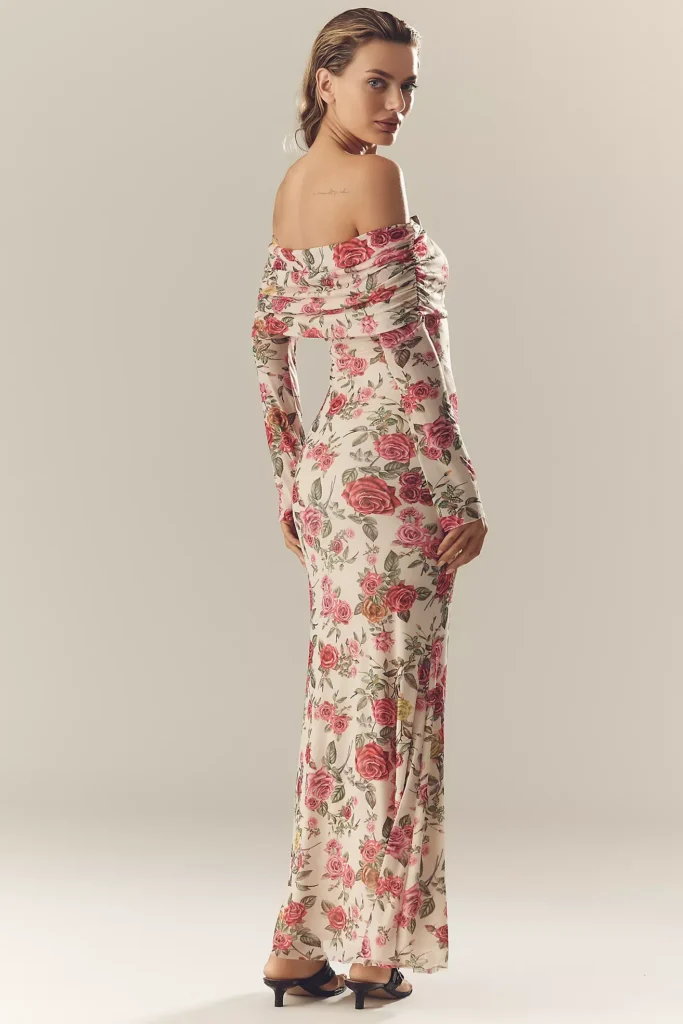 Long-Sleeve Off-The-Shoulder Mesh Maxi Dress Full Size Image 2