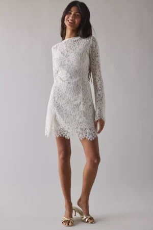AFRM Milana Gardenia Lace Boatneck Bell Sleeve Mini Dress