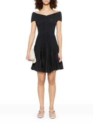 ALAÏA Off-Shoulder Sculpting Line Flared Wool Mini Dress