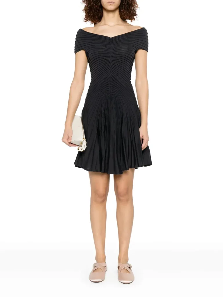 Off-Shoulder Sculpting Line Flared Wool Mini Dress Full Size Image 1