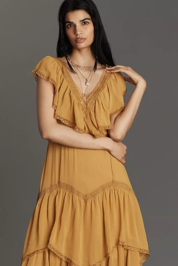Short-Sleeve V-Neck Ruffle Midi Dress Full Size Image 3