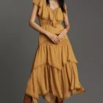 Short-Sleeve V-Neck Ruffle Midi Dress Thumbnail 2