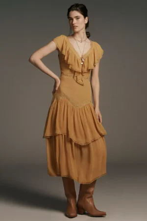 ANTHROPOLOGIE Short-Sleeve V-Neck Ruffle Midi Dress