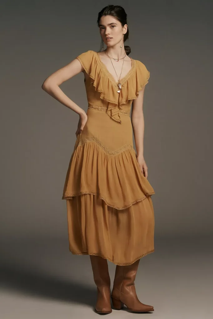 Short-Sleeve V-Neck Ruffle Midi Dress Full Size Image 1